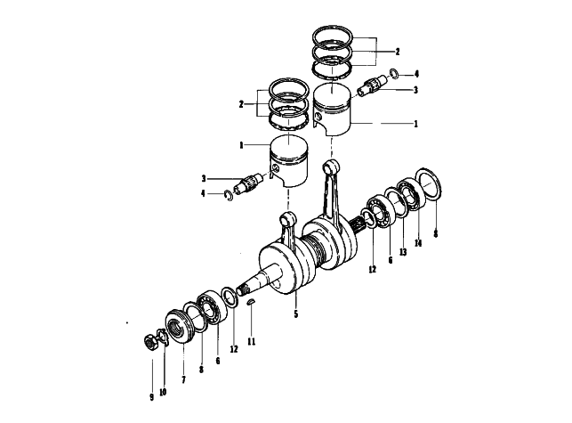 Parts Diagram for Arctic Cat 1974 VIP 440 SNOWMOBILE PISTON AND CRANKSHAFT