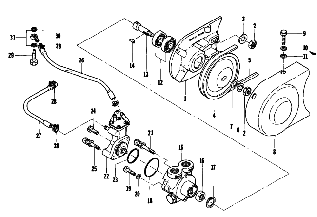 Parts Diagram for Arctic Cat 1974 VIP 440 SNOWMOBILE PUMPS: OIL INJECTION/TORQUE CONVERTER