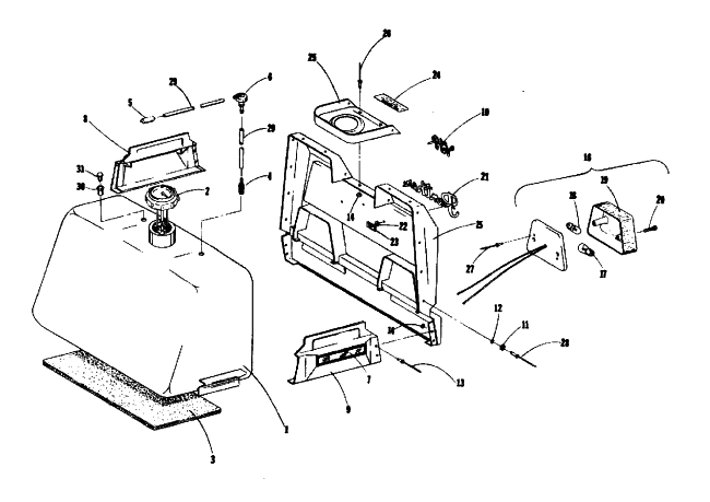 Parts Diagram for Arctic Cat 1974 VIP 440 SNOWMOBILE FUEL TANK, SHROUD AND TAILLIGHT