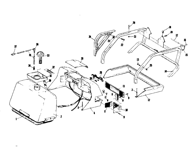Parts Diagram for Arctic Cat 1974 PANTHER 340 SNOWMOBILE GAS TANK, REAR SHROUD AND BUMPER