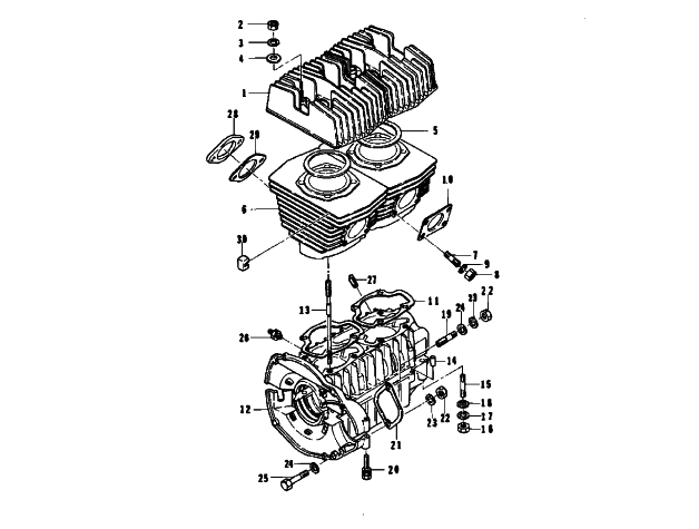 Parts Diagram for Arctic Cat 1974 EL TIGRE 440 SNOWMOBILE CRANKCASE AND CYLINDER