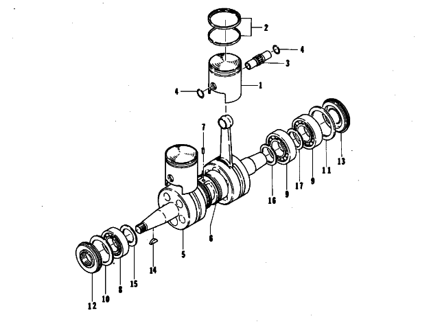 Parts Diagram for Arctic Cat 1974 EL TIGRE 400 SNOWMOBILE PISTON AND CRANKSHAFT
