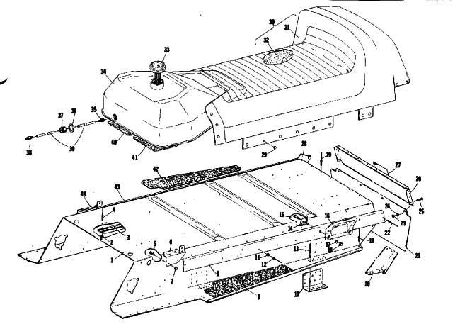 Parts Diagram for Arctic Cat 1975 CHEETAH (Wankel) SNOWMOBILE TUNNEL, GAS TANK AND SEAT