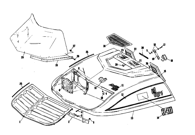 Parts Diagram for Arctic Cat 1975 EL TIGRE 340 SNOWMOBILE HOOD