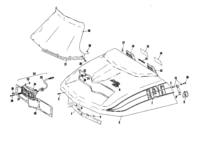 Parts Diagram for Arctic Cat 1975 JAG 340 SNOWMOBILE HOOD