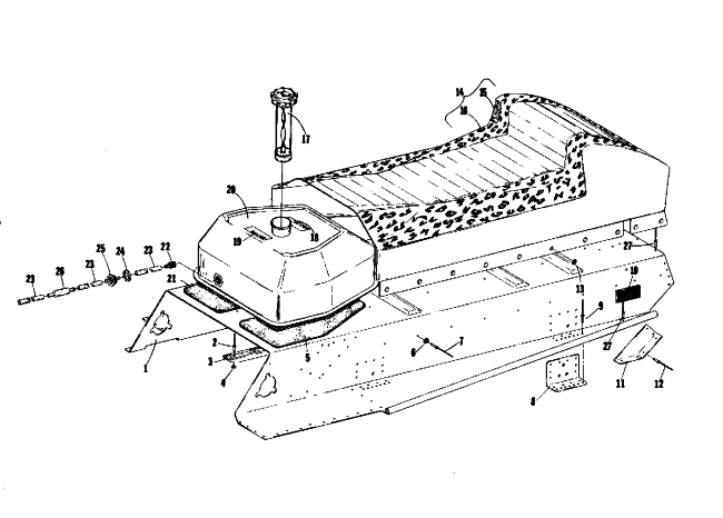 Parts Diagram for Arctic Cat 1975 JAG 340 SNOWMOBILE TUNNEL, GAS TANK AND SEAT