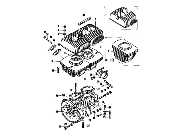 Parts Diagram for Arctic Cat 1975 EL TIGRE' Z 340 SNOWMOBILE CRANKCASE AND CYLINDER