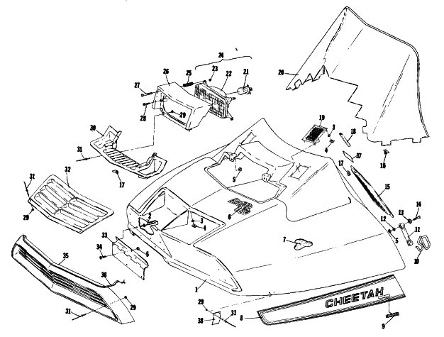Parts Diagram for Arctic Cat 1976 CHEETAH 440 SNOWMOBILE HOOD