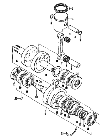 Parts Diagram for Arctic Cat 1976 EL TIGRE 500 SNOWMOBILE PISTON AND CRANKSHAFT