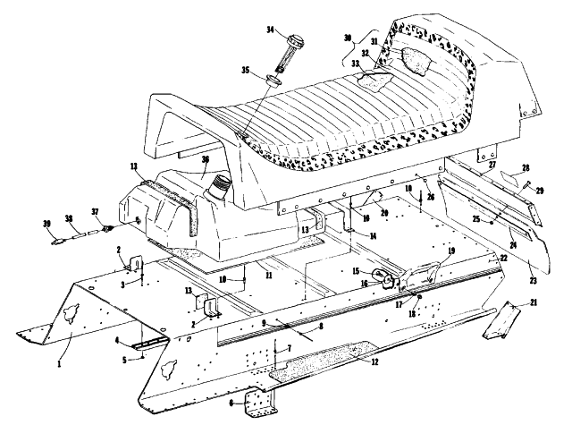 Parts Diagram for Arctic Cat 1976 CHEETAH 500 SNOWMOBILE TUNNEL, GAS TANK AND SEAT