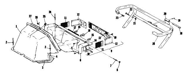 Parts Diagram for Arctic Cat 1976 CHEETAH 440 SNOWMOBILE REAR SHROUD AND BUMPER