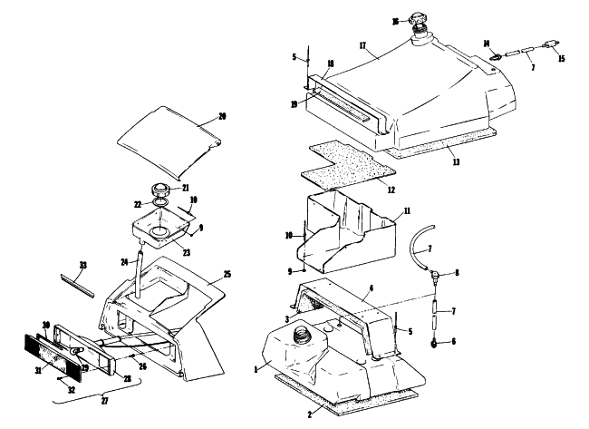 Parts Diagram for Arctic Cat 1976 PANTERA SNOWMOBILE TOOLBOX AND FUEL SYSTEM