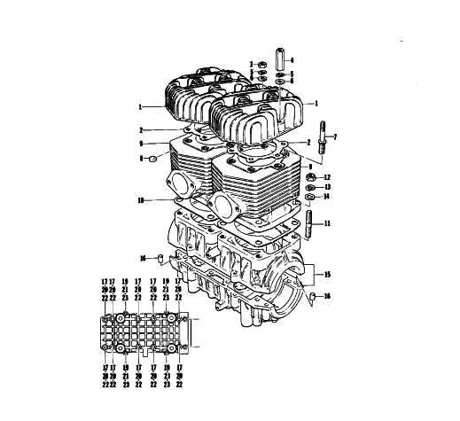 Parts Diagram for Arctic Cat 1976 CHEETAH 440 SNOWMOBILE CRANKCASE AND CYLINDER