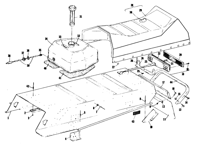 Parts Diagram for Arctic Cat 1976 JAG 340 SNOWMOBILE BODY, GAS TANK, TAILLIGHT & SEAT