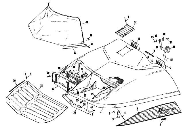 Parts Diagram for Arctic Cat 1976 EL TIGRE 500 SNOWMOBILE HOOD