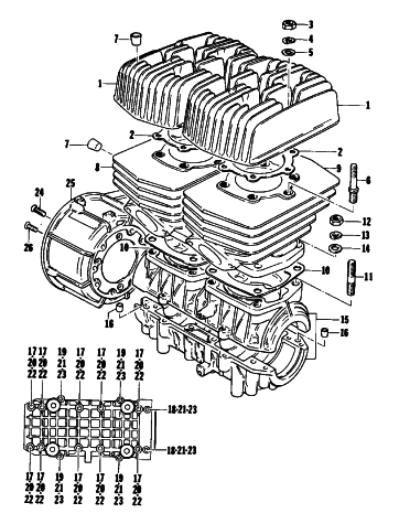 Parts Diagram for Arctic Cat 1976 EL TIGRE 500 SNOWMOBILE CRANKCASE AND CYLINDER