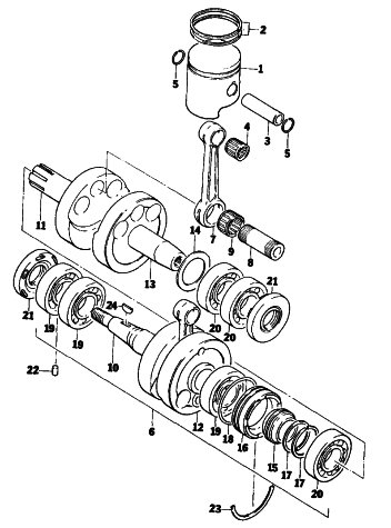 Parts Diagram for Arctic Cat 1976 ARCTIC Z 440 SNOWMOBILE PISTON AND CRANKSHAFT