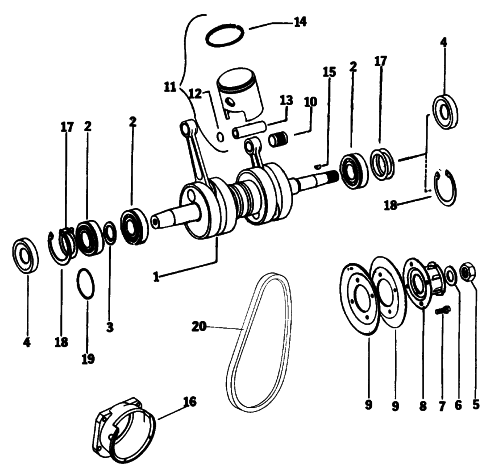 Parts Diagram for Arctic Cat 1976 ARCTIC Z 250 SNOWMOBILE PISTON AND CRANKSHAFT