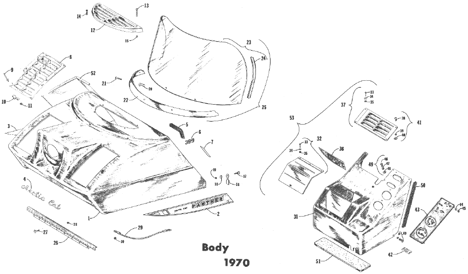 Parts Diagram for Arctic Cat 1970 Panther SNOWMOBILE HOOD & WINDSHIELD