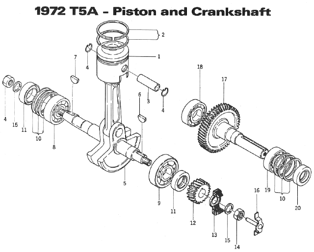 Parts Diagram for Arctic Cat 1972 KittyCat SNOWMOBILE T5A - Piston and Crankshaft