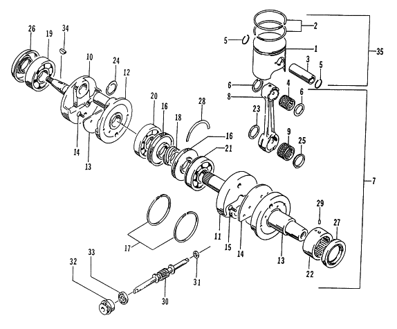 Parts Diagram for Arctic Cat 1995 ZR 580 SNOWMOBILE PISTON AND CRANKSHAFT