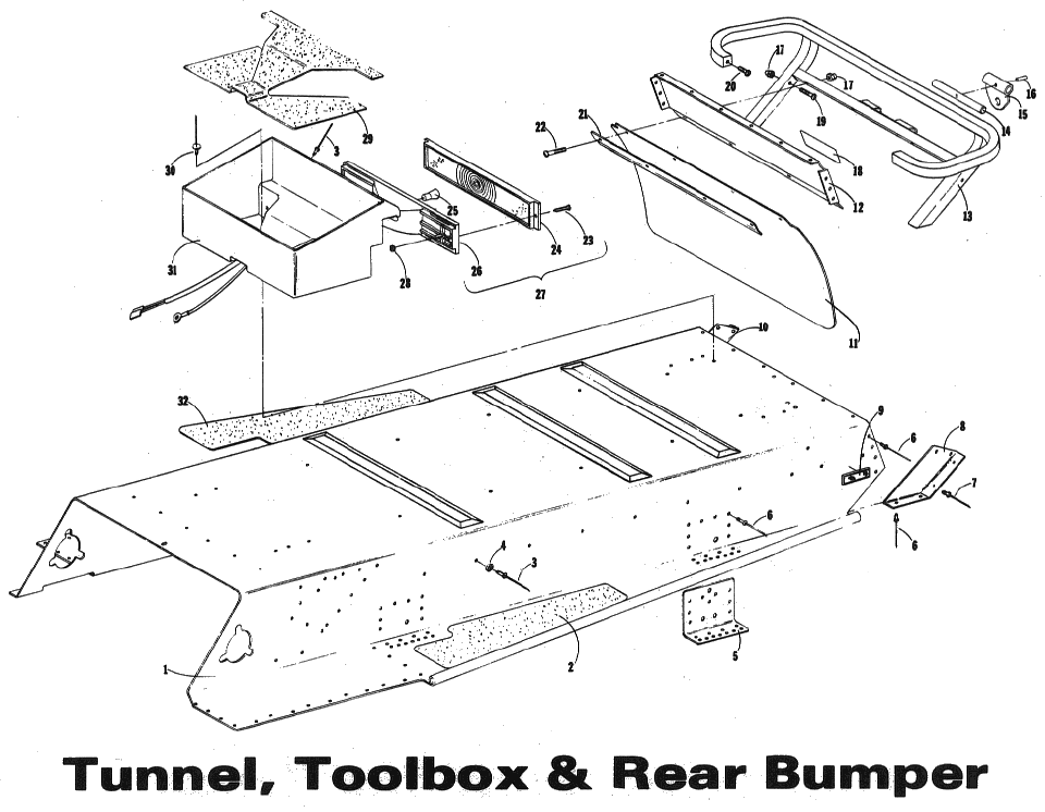 Parts Diagram for Arctic Cat 1973 ElTigre SNOWMOBILE TUNNEL, TOOL BOX, & REAR BUMPER