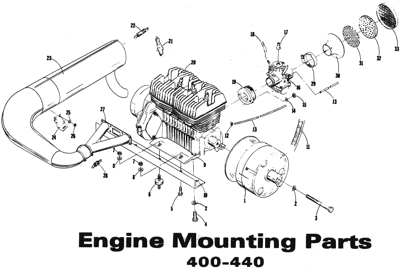 Parts Diagram for Arctic Cat 1973 ElTigre SNOWMOBILE ENGINE & MOUNTING PARTS (400-440)
