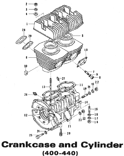 Parts Diagram for Arctic Cat 1973 ElTigre SNOWMOBILE CRANKCASE & CYLINDER (400-440)