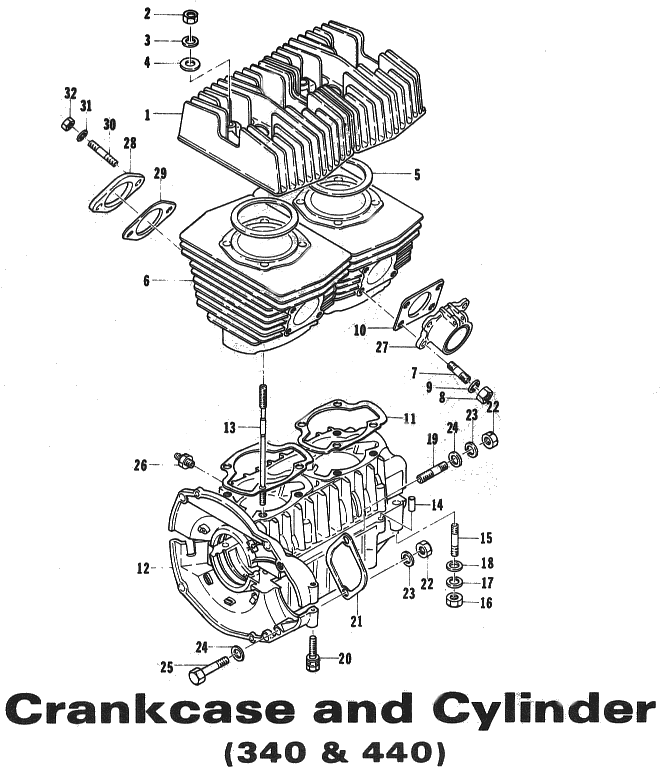 Parts Diagram for Arctic Cat 1973 EXT SNOWMOBILE CRANKCASE & CYLINDER (340 & 440)