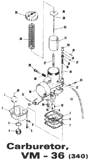 Parts Diagram for Arctic Cat 1973 EXT SNOWMOBILE CARBURETOR, VM-36 (340)