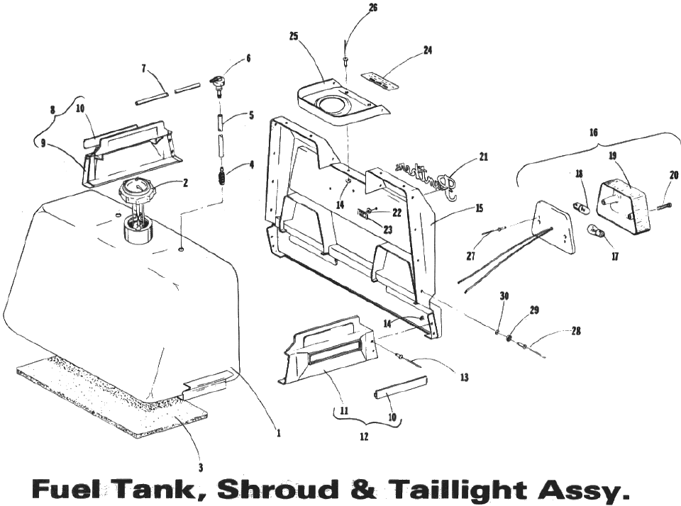 Parts Diagram for Arctic Cat 1973 Panther SNOWMOBILE FUEL TANK, SHROUD & TAILLIGHT ASSY