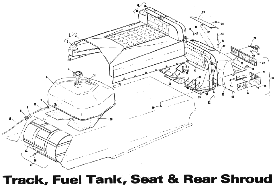 Parts Diagram for Arctic Cat 1973 PUMA SNOWMOBILE TRACK, FUEL TANK, SEAT & REAR SHROUD