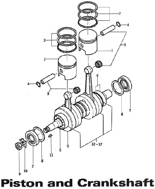 Parts Diagram for Arctic Cat 1973 PUMA SNOWMOBILE PISTON AND CRANKSHAFT