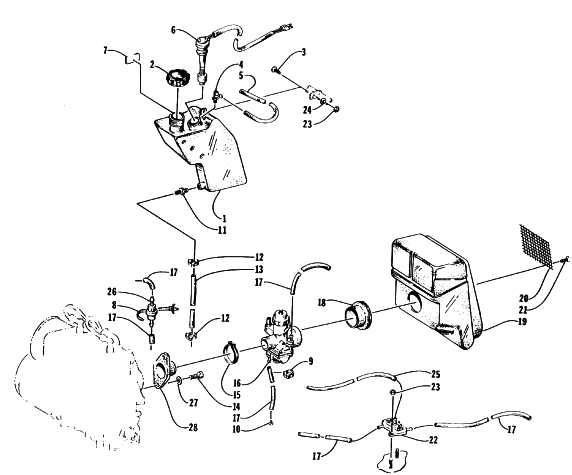 Parts Diagram for Arctic Cat 1996 PUMA DELUXE SNOWMOBILE OIL TANK, CARBURETOR, FUEL PUMP, AND SILENCER