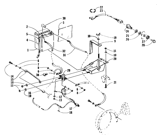 Parts Diagram for Arctic Cat 1995 PUMA DELUXE SNOWMOBILE BATTERY, SOLENOID, AND CABLES