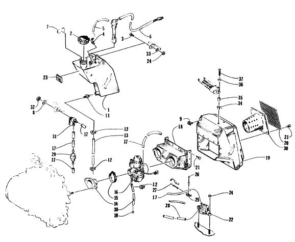 Parts Diagram for Arctic Cat 1996 EXT 580 SNOWMOBILE OIL TANK, CARBURETOR, FUEL PUMP, AND SILENCER