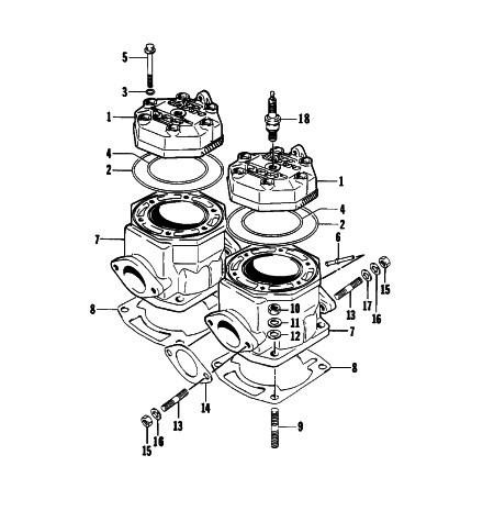 Parts Diagram for Arctic Cat 1996 BEARCAT 550 SNOWMOBILE CYLINDER AND HEAD ASSEMBLY