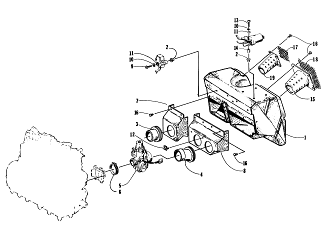 Parts Diagram for Arctic Cat 1996 ZRT 600 SNOWMOBILE CARBURETOR AND AIR SILENCER ASSEMBLY