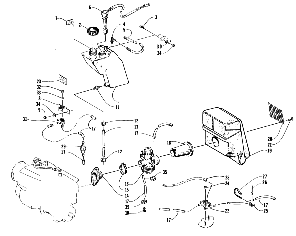 Parts Diagram for Arctic Cat 1995 BEARCAT 340 SNOWMOBILE OIL TANK, CARBURETOR, FUEL PUMP, AND SILENCER