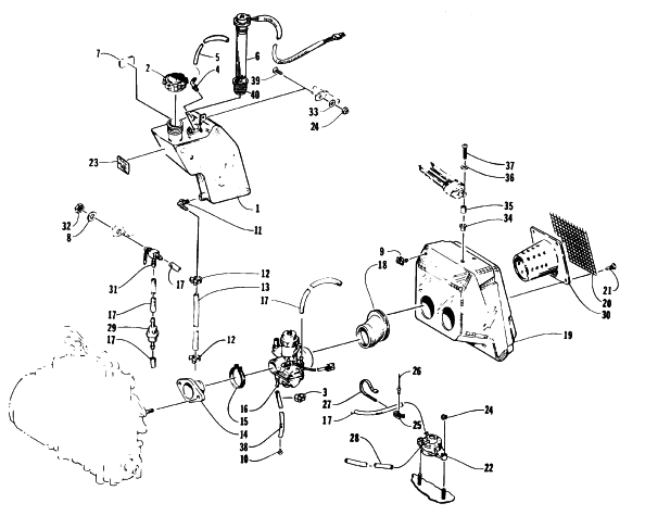 Parts Diagram for Arctic Cat 1996 COUGAR 2-UP SNOWMOBILE OIL TANK, CARBURETOR, FUEL PUMP, AND SILENCER