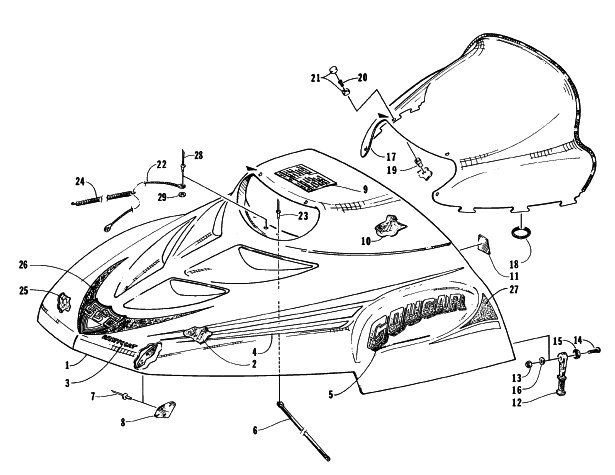 Parts Diagram for Arctic Cat 1996 COUGAR SNOWMOBILE HOOD AND WINDSHIELD ASSEMBLY
