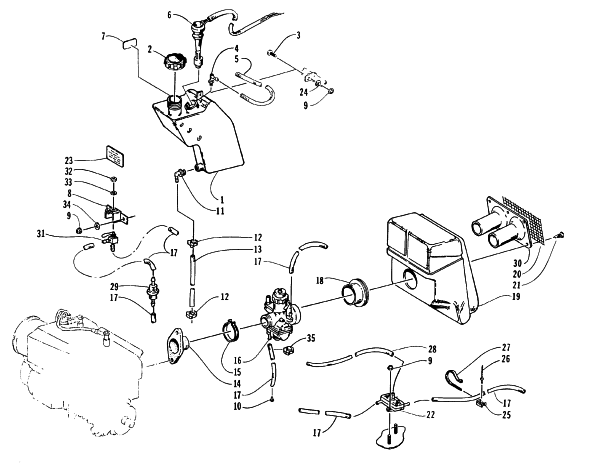 Parts Diagram for Arctic Cat 1996 JAG DELUXE SNOWMOBILE OIL TANK, CARBURETOR, FUEL PUMP, AND SILENCER