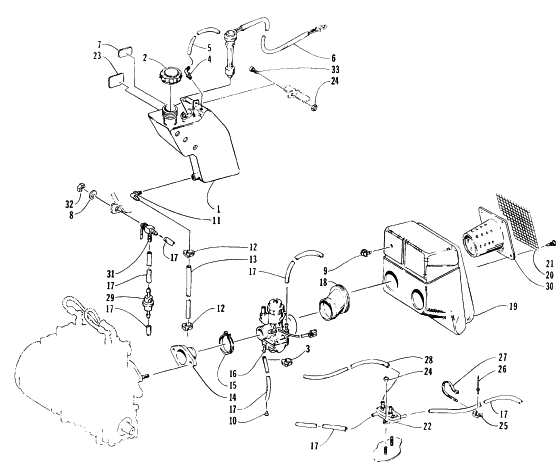 Parts Diagram for Arctic Cat 1996 JAG LIQUID SNOWMOBILE OIL TANK, CARBURETOR, FUEL PUMP, AND SILENCER