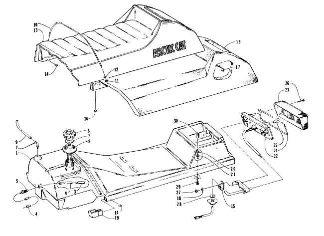Parts Diagram for Arctic Cat 1996 JAG LIQUID SNOWMOBILE GAS TANK, SEAT, AND TAILLIGHT ASSEMBLIES
