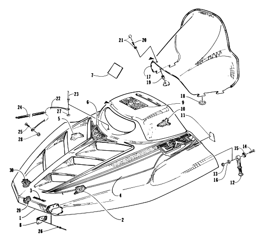 Parts Diagram for Arctic Cat 1996 EXT 580 SNOWMOBILE HOOD AND WINDSHIELD ASSEMBLY