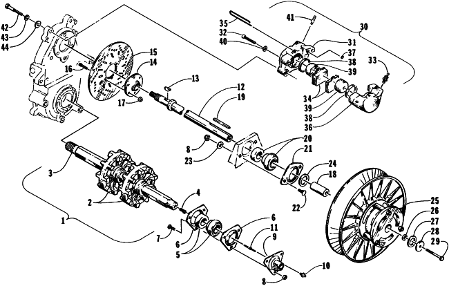 Parts Diagram for Arctic Cat 1996 EXT POWDER SPECIAL SNOWMOBILE DRIVE TRAIN SHAFTS AND BRAKE ASSEMBLIES