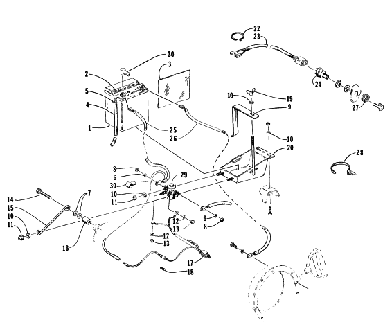 Parts Diagram for Arctic Cat 1996 PUMA 2-UP SNOWMOBILE BATTERY, SOLENOID, AND CABLES