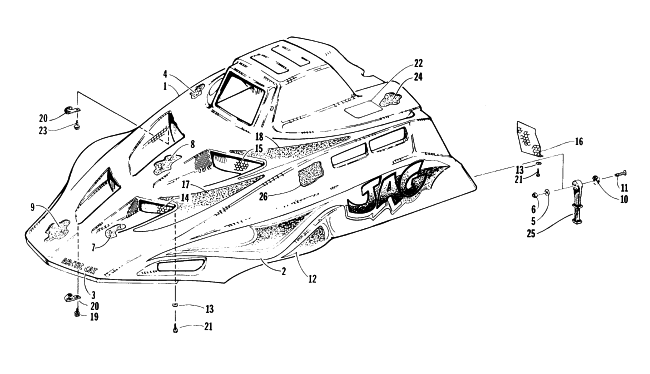 Parts Diagram for Arctic Cat 1996 JAG LIQUID SNOWMOBILE HOOD ASSEMBLY
