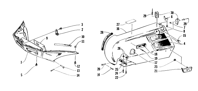 Parts Diagram for Arctic Cat 1996 JAG LIQUID SNOWMOBILE SIDE PODS AND NOSEPIECE ASSEMBLIES