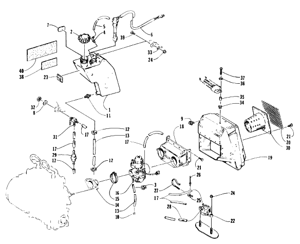 Parts Diagram for Arctic Cat 1996 ZR 580 SNOWMOBILE OIL TANK, CARBURETOR, FUEL PUMP, AND SILENCER